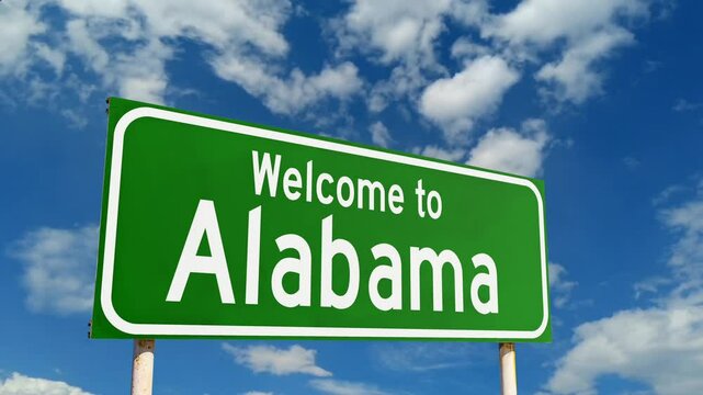 Alabama welcome billboard at the entrance to the state. Welcome To Alabama Green Road Sign.