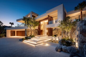 Fototapeta premium modern luxury villa exterior with illuminated staircase, contemporary architecture, stone walls, large glass windows, and landscaped trees at twilight in upscale residential neighborhood