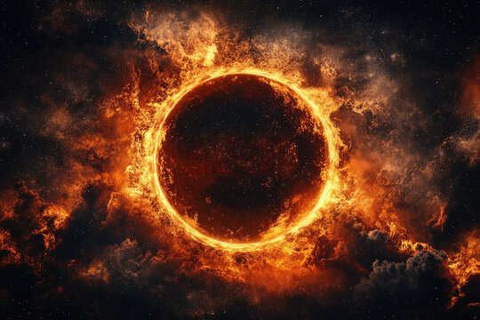Fiery ring of flames encircles dark void against a cosmic backdrop