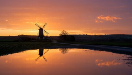 Sunset Silhouette Windmill Orange Sky Reflection Puddle