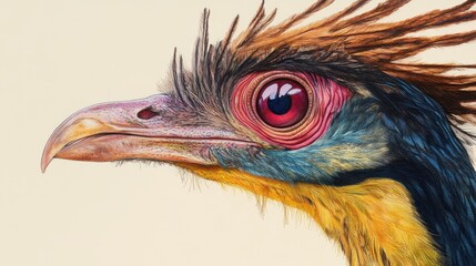Detailed close-up profile of a vibrant, exotic bird with striking red eye, intricate plumage, and sharp beak.