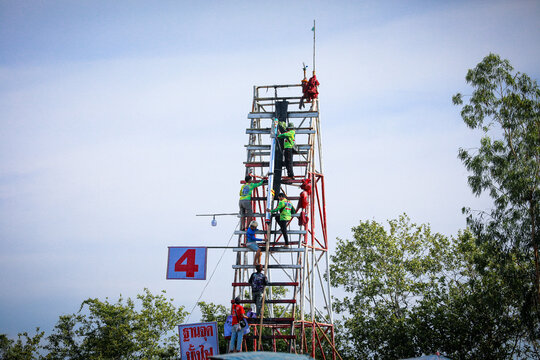 Yasothon, Thailand -18 May 2025 : Yasothon Rocket Festival Lighting rockets is a ritual asking for rain to the gods to get water for agriculture. according to local beliefs joyful atmosphere,to local