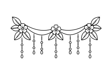 Elegant black and white floral garland with delicate hanging beads isolated on white