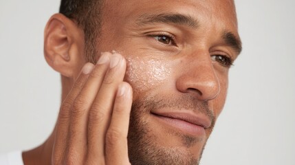 Fototapeta premium Skincare Application: An adult man applies a rejuvenating skincare product with a gentle touch, highlighting self-care and well-being.