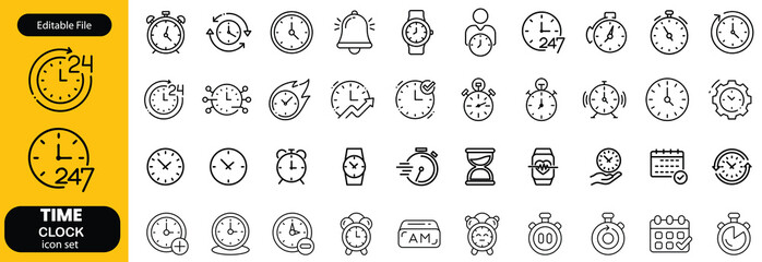 Set of time related line icons. Clock, watch, calendar, timer etc. Editable stroke