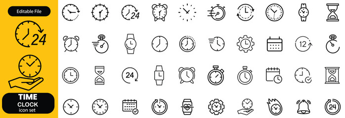 Set of time related line icons. Clock, watch, calendar, timer etc. Editable stroke
