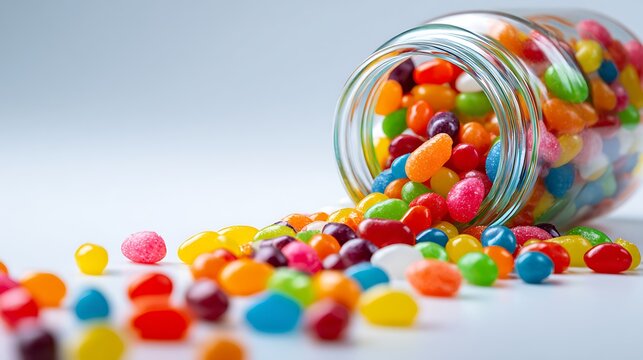 A glass jar tipped over spilling colorful jelly beans onto a white surface in a close up still life