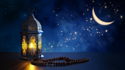 Starry Night Lantern and Prayer Beads A Serene Ramadan Scene