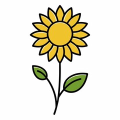 Cheerful Sunflower Illustration with Stem and Leaves on a White Background