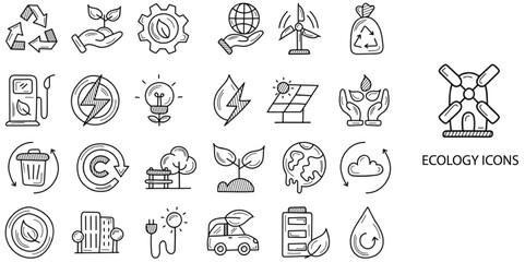 Ecology simple concept 24 hand drawn icons set .Vector illustration.	