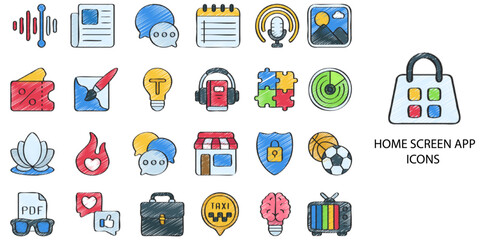 Home screen app simple concept 24 hand drawn color icons set .Vector illustration.
