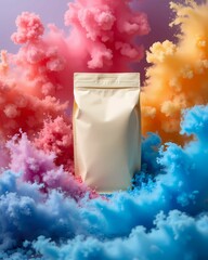 Blank brown kraft zip paper standup Pouch mockup in Colorful Powder Explosion
