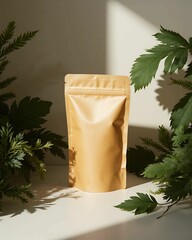 Blank brown kraft zip paper standup Pouch mockup with Green Foliage