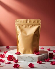 Blank brown kraft zip paper standup Pouch mockup with Red Roses on Marble