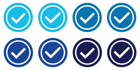 Blue check mark icon set illustration. Blue Verified badge icon set. Collection of different style star shaped, social media icons. Check box icon with correct, accept checkmark icon. 