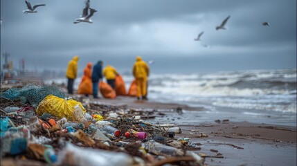 Volunteers in raincoats collect trash into large bags on a polluted shoreline.
