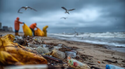 A sharp focus on beach pollution with volunteers blurred in the distance.