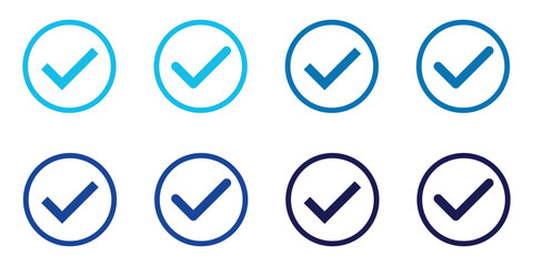 Blue check mark icon set illustration. Blue Verified badge icon set. Collection of different style star shaped, social media icons. Check box icon with correct, accept checkmark icon. 
