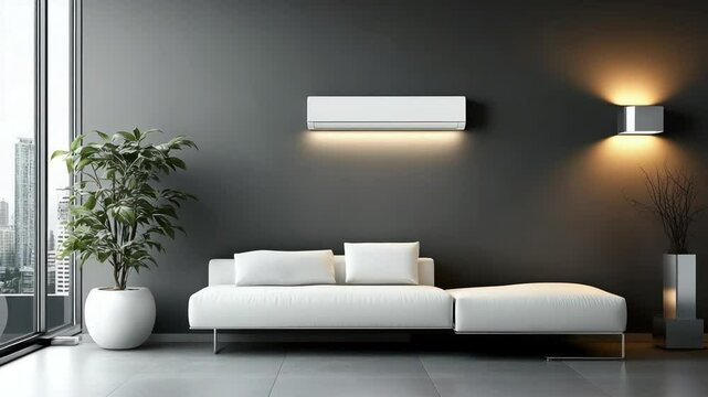 Modern living room with white sectional sofa, plant, and wall-mounted AC unit