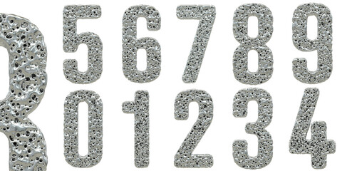nombres de 0 à 9 chromés avec des trous, métal brut - rendu 3D sur fond transparent