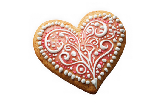 Heart shaped valentine's day gingerbread cookie with icing decoration, sweet treat, holiday baking, food photography, isolated on transparent background