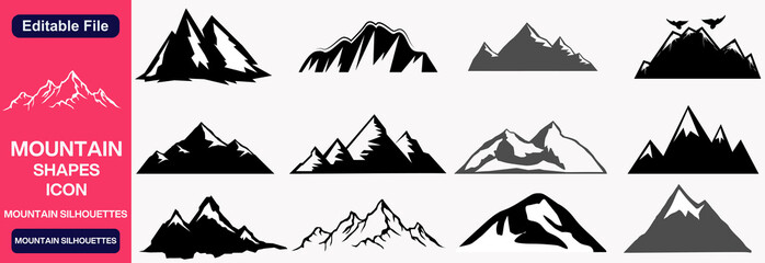 Fototapeta premium A set of black simple mountain silhouettes in a white background.