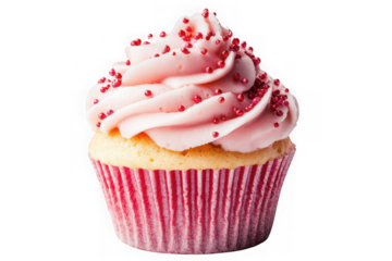 Delicious pink frosted cupcake with red sprinkles dessert sweet treat bakery confection isolated on transparent background