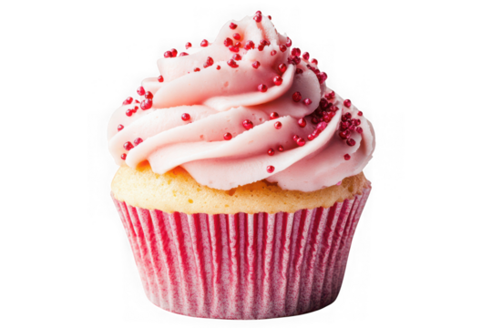 Delicious pink frosted cupcake with red sprinkles dessert sweet treat bakery confection isolated on transparent background