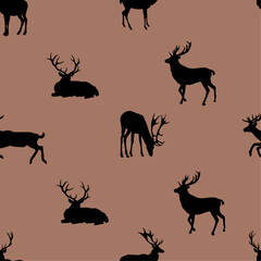 Deer in different poses. Seamless texture with deer silhouettes in trendy colors. Ideal for advertising, textiles, packaging, screensavers