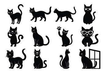 Cute Black Cat Silhouettes Vector in Various Poses on white background 