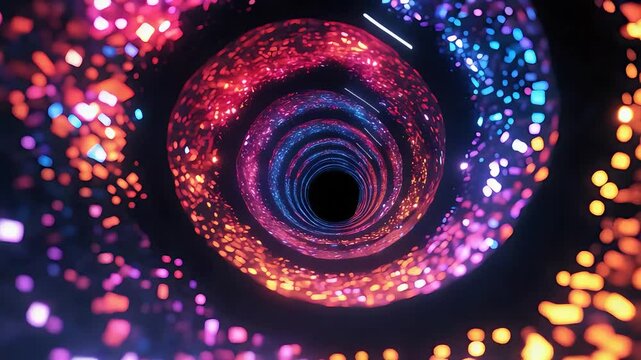 Abstract cosmic tunnel with glowing vibrant particles spiraling inward, creating a hypnotic vortex effect in a futuristic digital space environment

 - Powered by Adobe