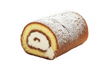 Swiss roll cake dessert pastry cream chocolate powdered sugar delicious sweet treat isolated on transparent background