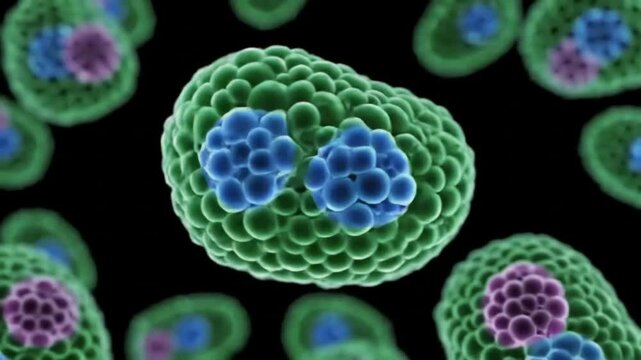 Microscope view: plant cells dividing in realistic CGI, dark background, vibrant colors