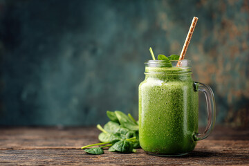 Healthy green smoothie with spinach in a jar mug, selective focus. AI Generative