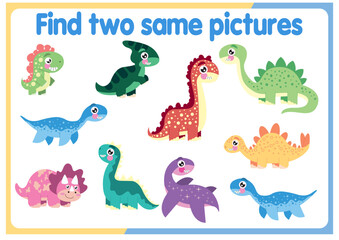 Find two identical dinosaurs. Ancient world, game for children. Fantasy or fairy tale, educational quiz for children, developing attention.