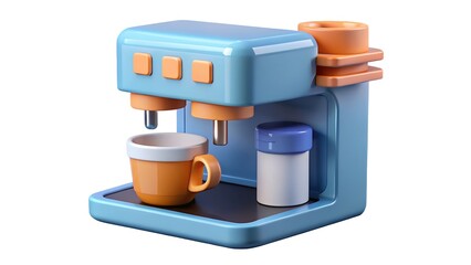 Cute cartoon 3d render of a modern coffee machine with a cup of coffee