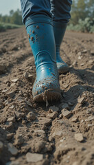 Farmer walking with blue rubber boots on muddy field under bright sun