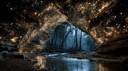 Glowworms illuminating limestone cave ceiling, starry underground universe for geology tours, fantasy novel visuals, and therapeutic cave experience marketing.