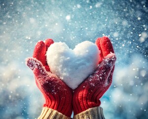 Red Mittens Holding Snow Heart in Winter – Love and Romance in Snowy Season
