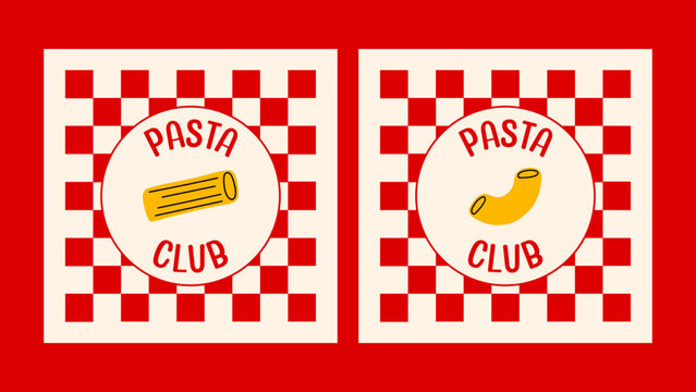 Red checkered pasta label with hand-drawn penne pasta and bold lettering – vintage Italian restaurant packaging template.