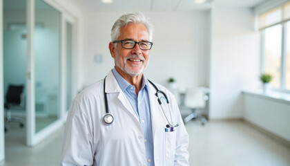 Elderly doctor smiling while standing in modern medical office  