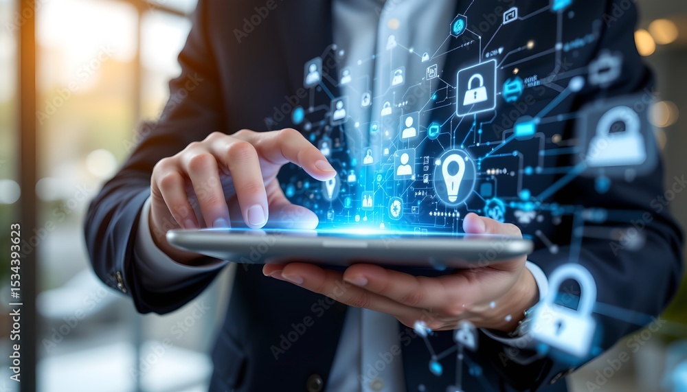 Poster engaging digital interaction office setting technology focus modern environment close-up view innova