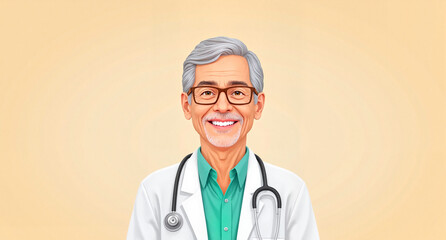 Cartoon doctor smiling with glasses and stethoscope on orange background  