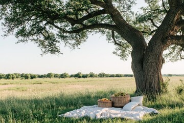 Picnic under a large tree in a grassy field