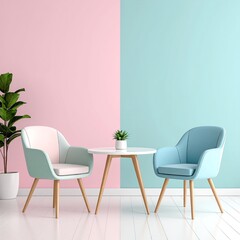 Fototapeta premium A cozy setting featuring two stylish chairs and a small wooden table, perfectly arranged against a vibrant pink wall, creating a cheerful atmosphere.