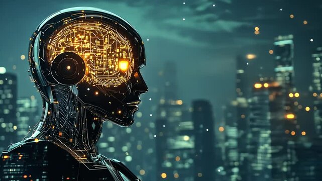 Cyberpunk Cityscape: A Futuristic Robot's Gaze