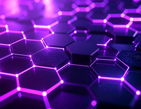 Abstract Neural Network with Glowing Purple Hexagons.artistic, circuit, connection, connectivity, cyberspace, electronic, future, glow, glowing, graphic, grid, innovation, network, neural, purple,