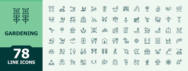 Gardening icon set. It contains symbols to wheelbarrow, shovel, seedling, growing, water and more. Collection for mobile and web apps. Pixel perfect. Editable vector. minimal icons collection.