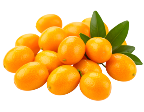Golden Harvest: A vibrant heap of fresh kumquats, bursting with tangy sweetness and citrus aroma, their radiant orange peel glistening under the light, accentuated by lush green leaf.
