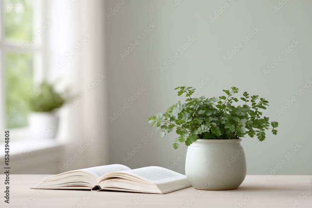 Poster neatly arranged desk with single open textbook and small potted plant by window creating peaceful at